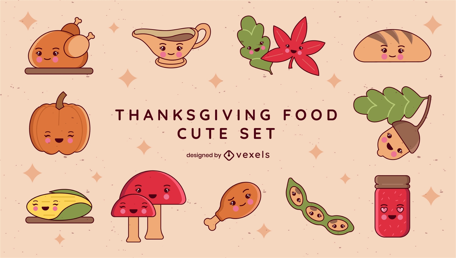 Cute thanksgiving food character set