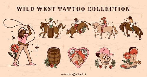 Conjunto de tatuajes de elementos del salvaje oeste de vaquero