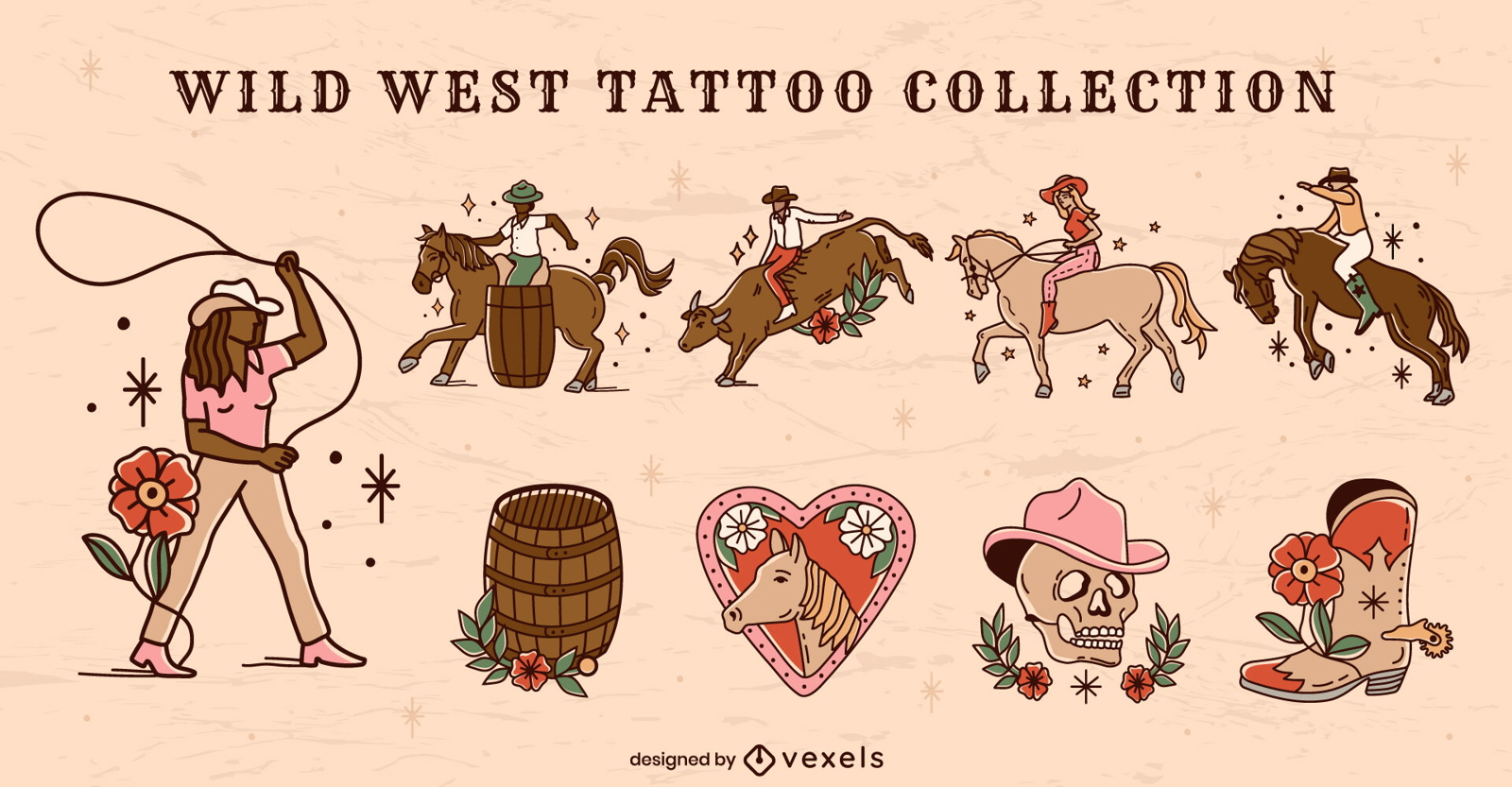 Cowboy wild west elements tattoo set