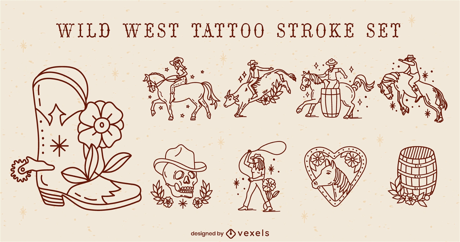 Cowboy wild west elements stroke set