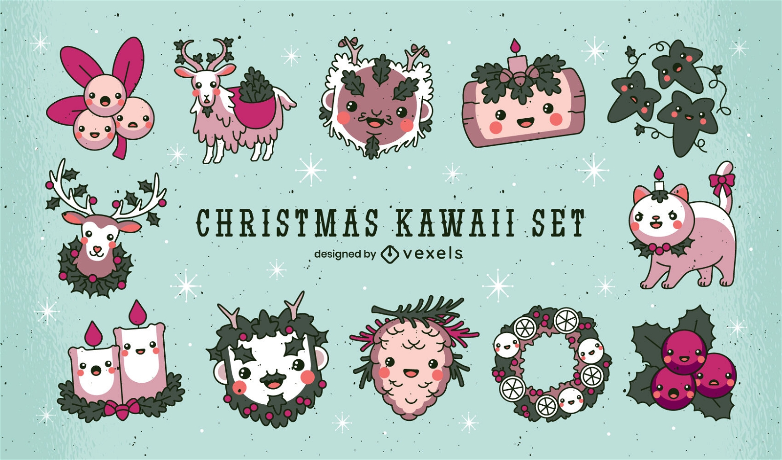Conjunto de elementos do feriado de Natal kawaii