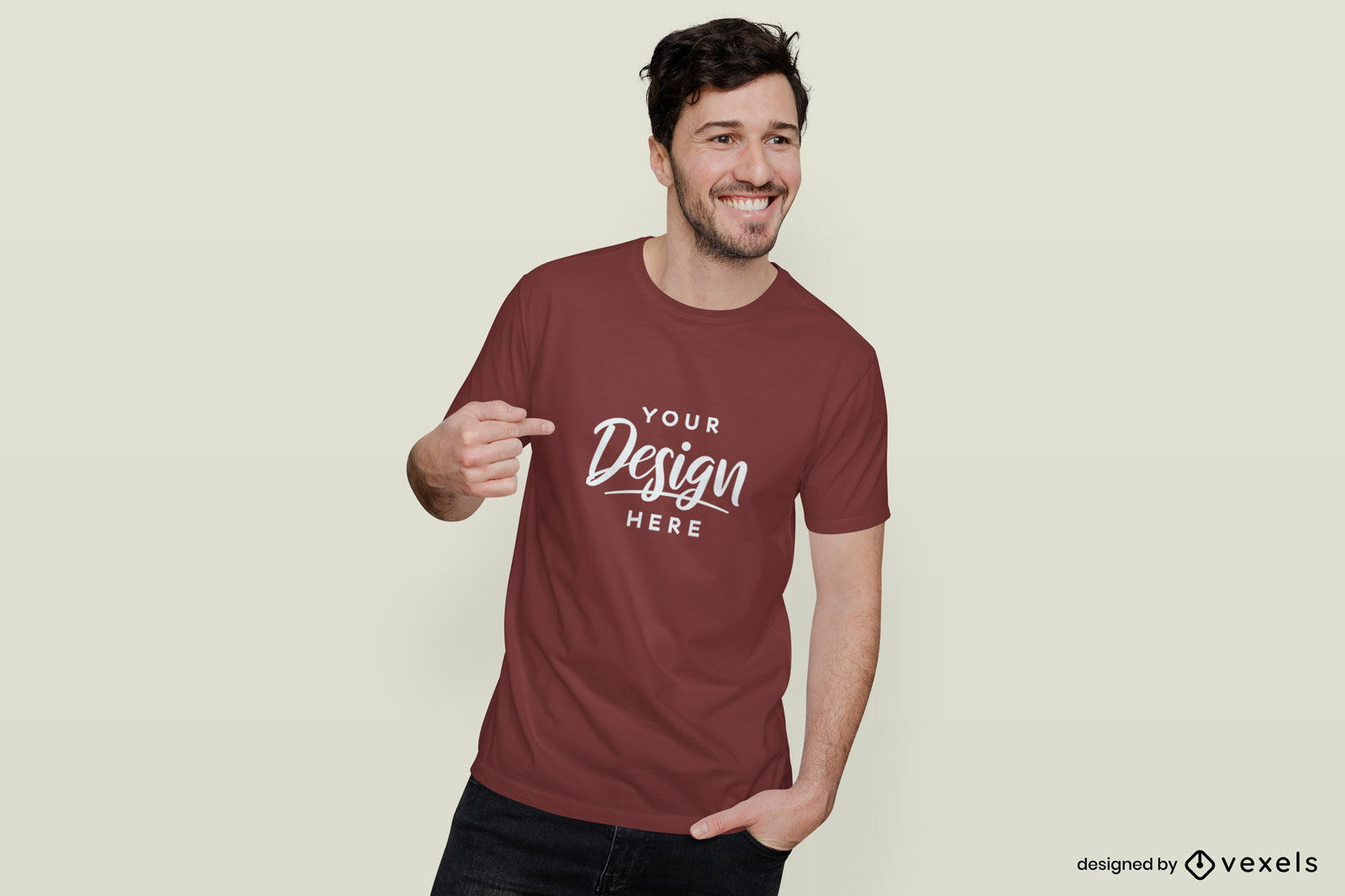 Brunette Man Smiling In T-shirt Mockup PSD Editable Template