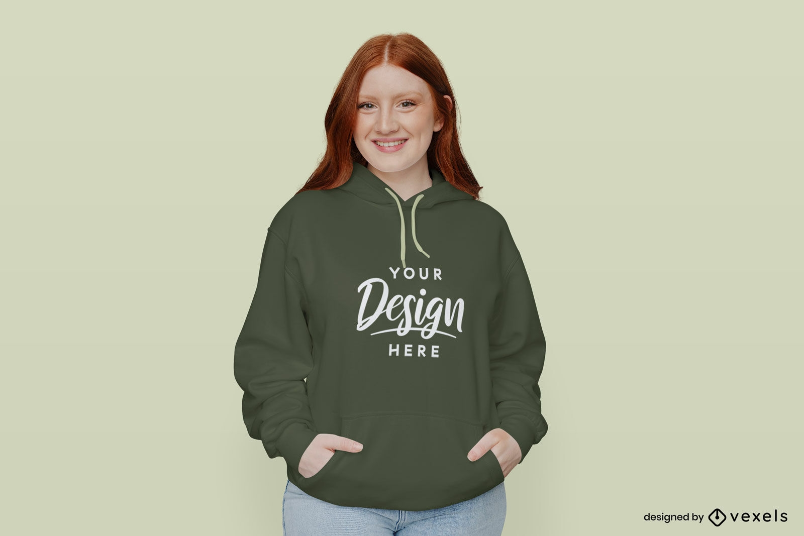 Redhead girl in jeans and hoodie mockup