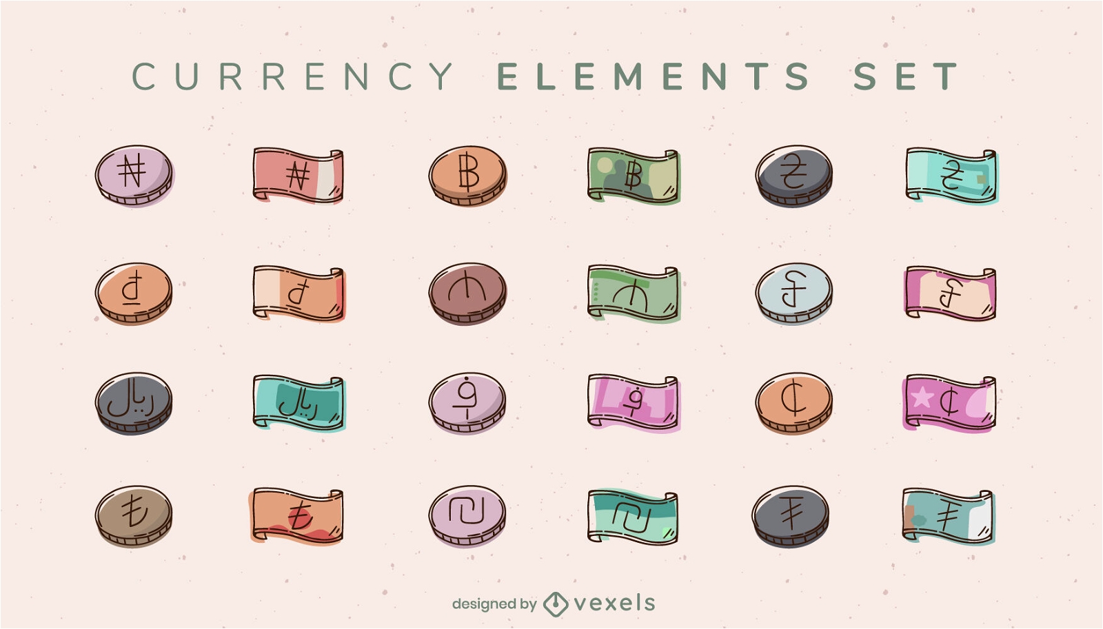 Conjunto de elementos de moneda billetes y monedas