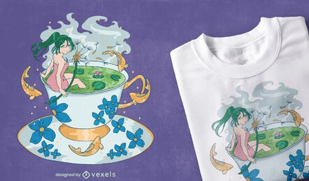 Diseño de camiseta de chica anime en taza de té