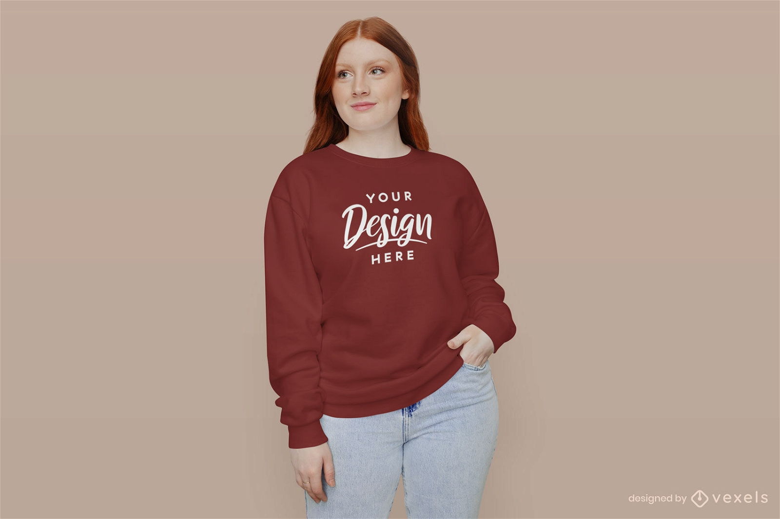 Redhead girl in jeans and sweater mockup