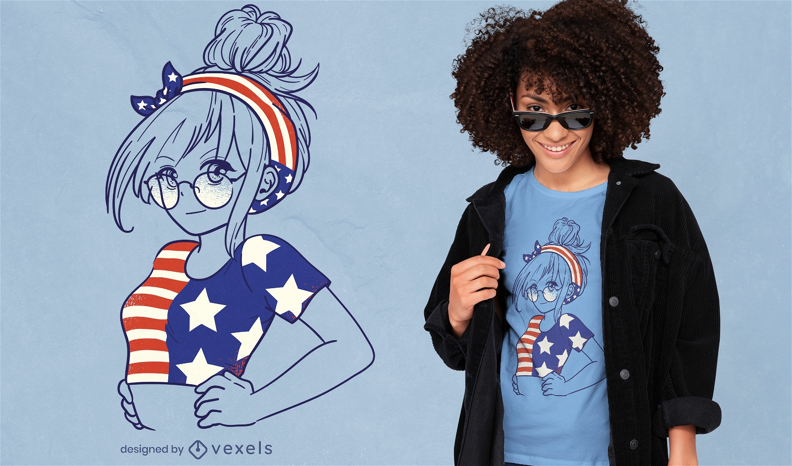 Anime-Mädchen mit T-Shirt-Design mit amerikanischer Flagge