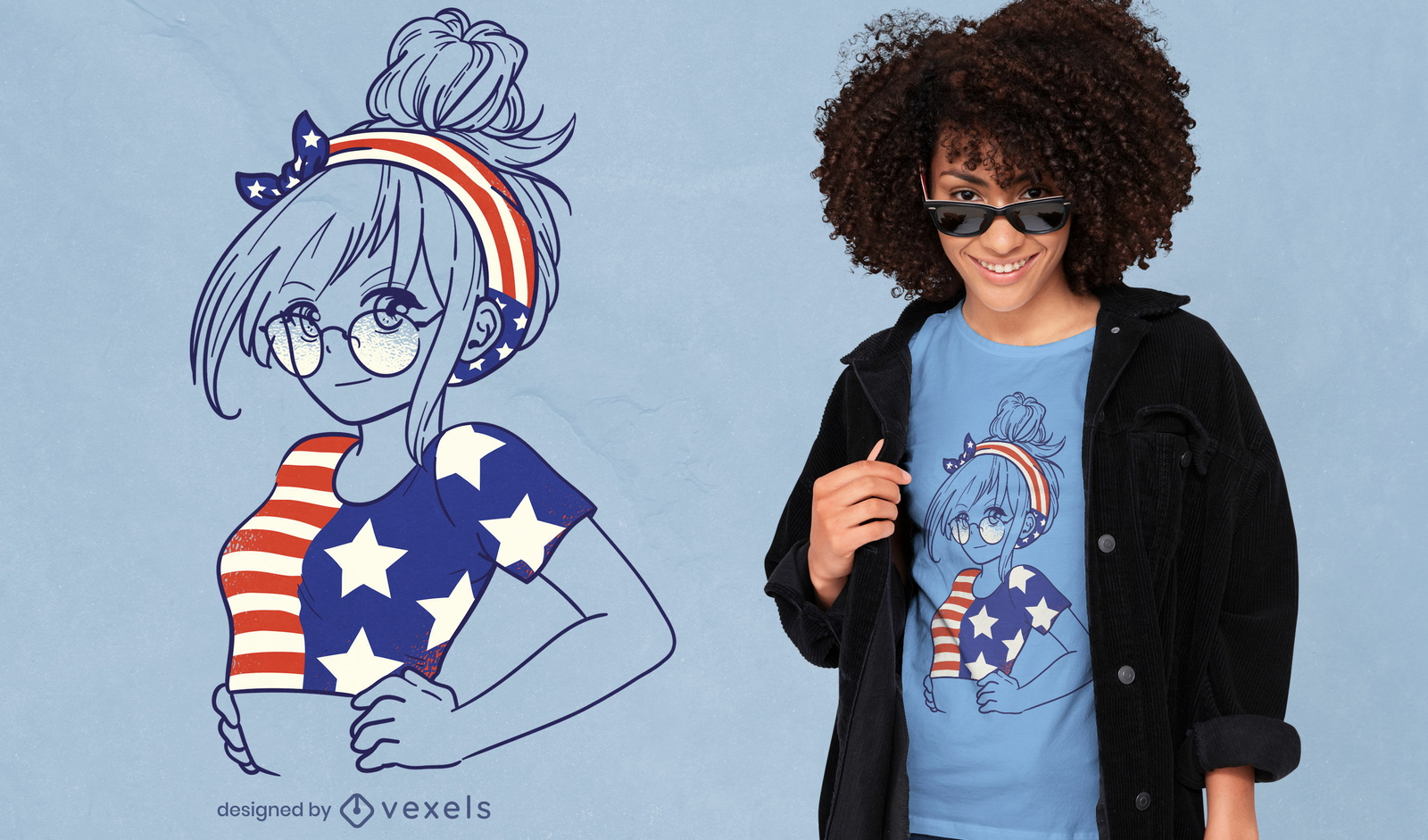 Chica de anime con diseño de camiseta de bandera estadounidense