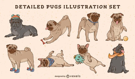 Pug dog animals pet illustration set