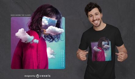 Woman with clouds collage t-shirt psd