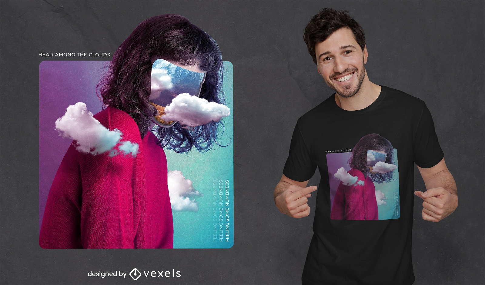 Camiseta mujer con nubes collage psd