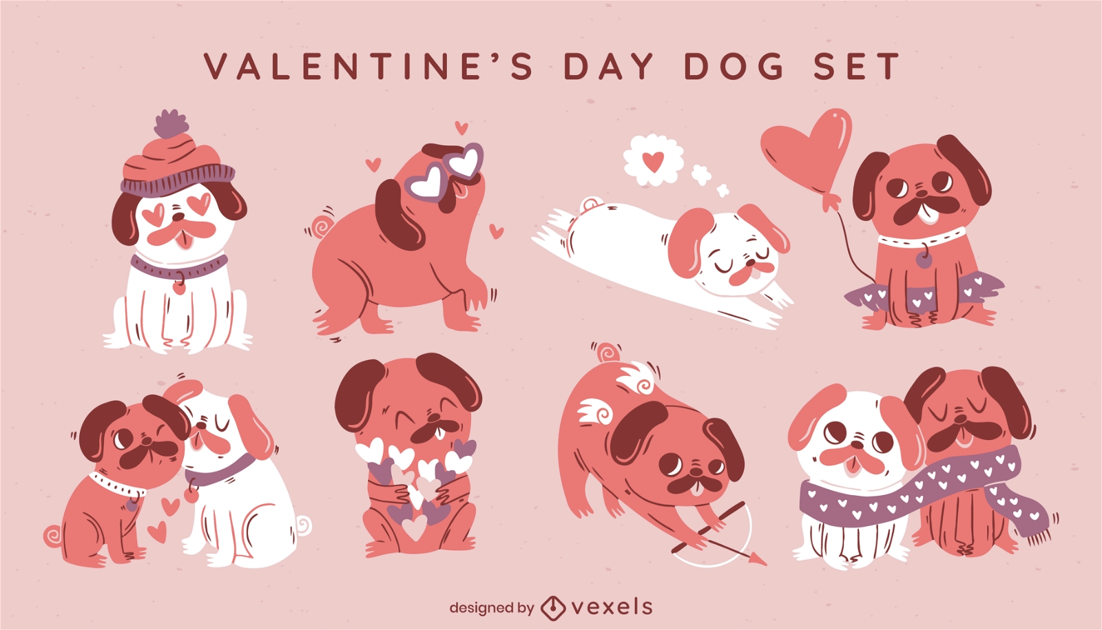 Valentines day pug dog animals cute set