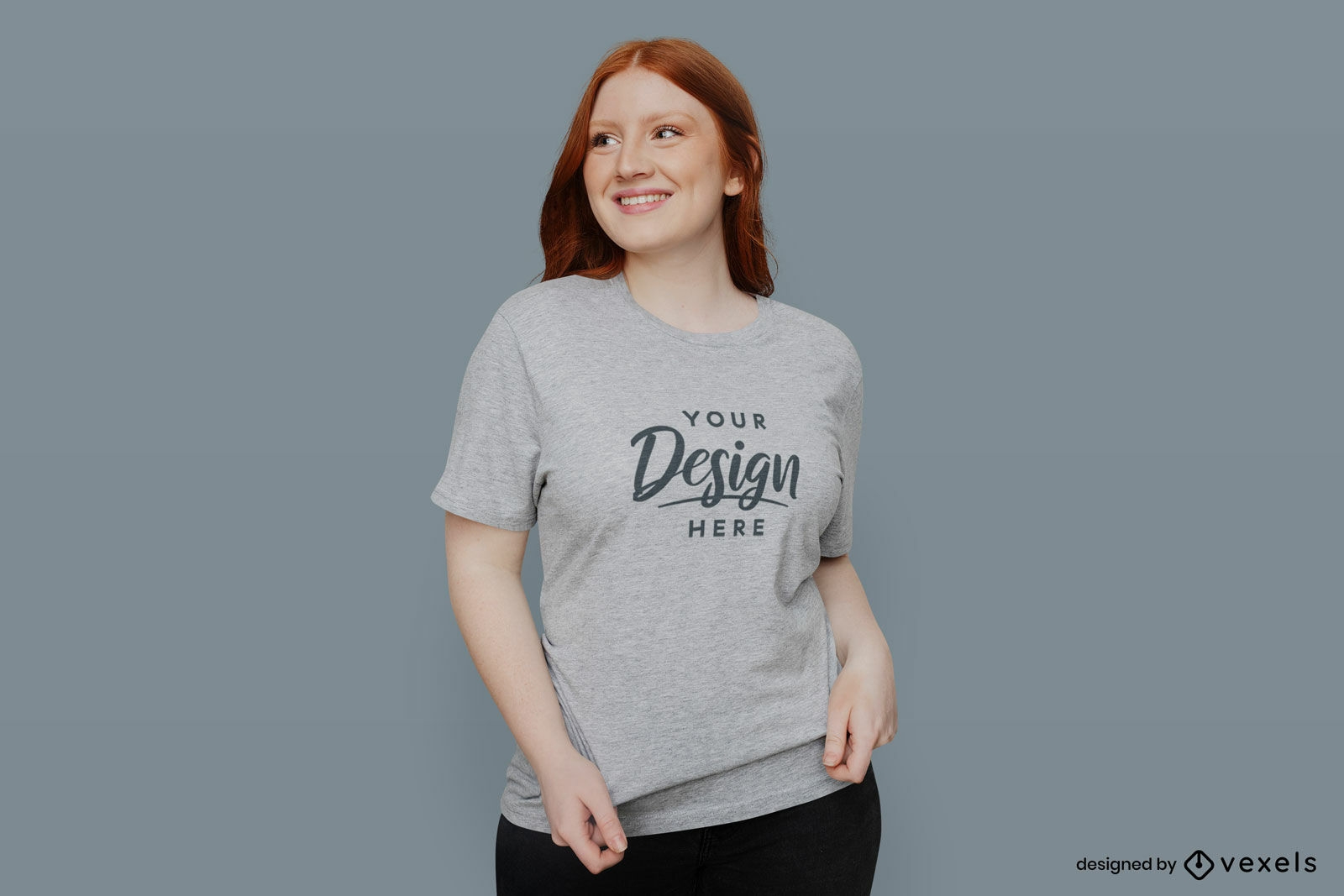 Happy redhead girl in solid background t-shirt mockup