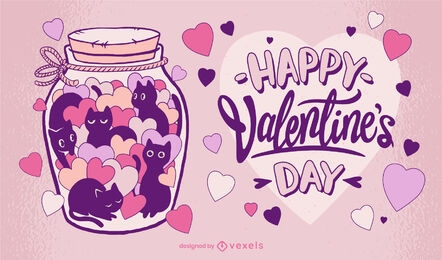 Frasco de coração para dia dos namorados com ilustração de gatos