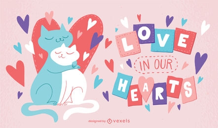 Cat animals in love valentines day illustration