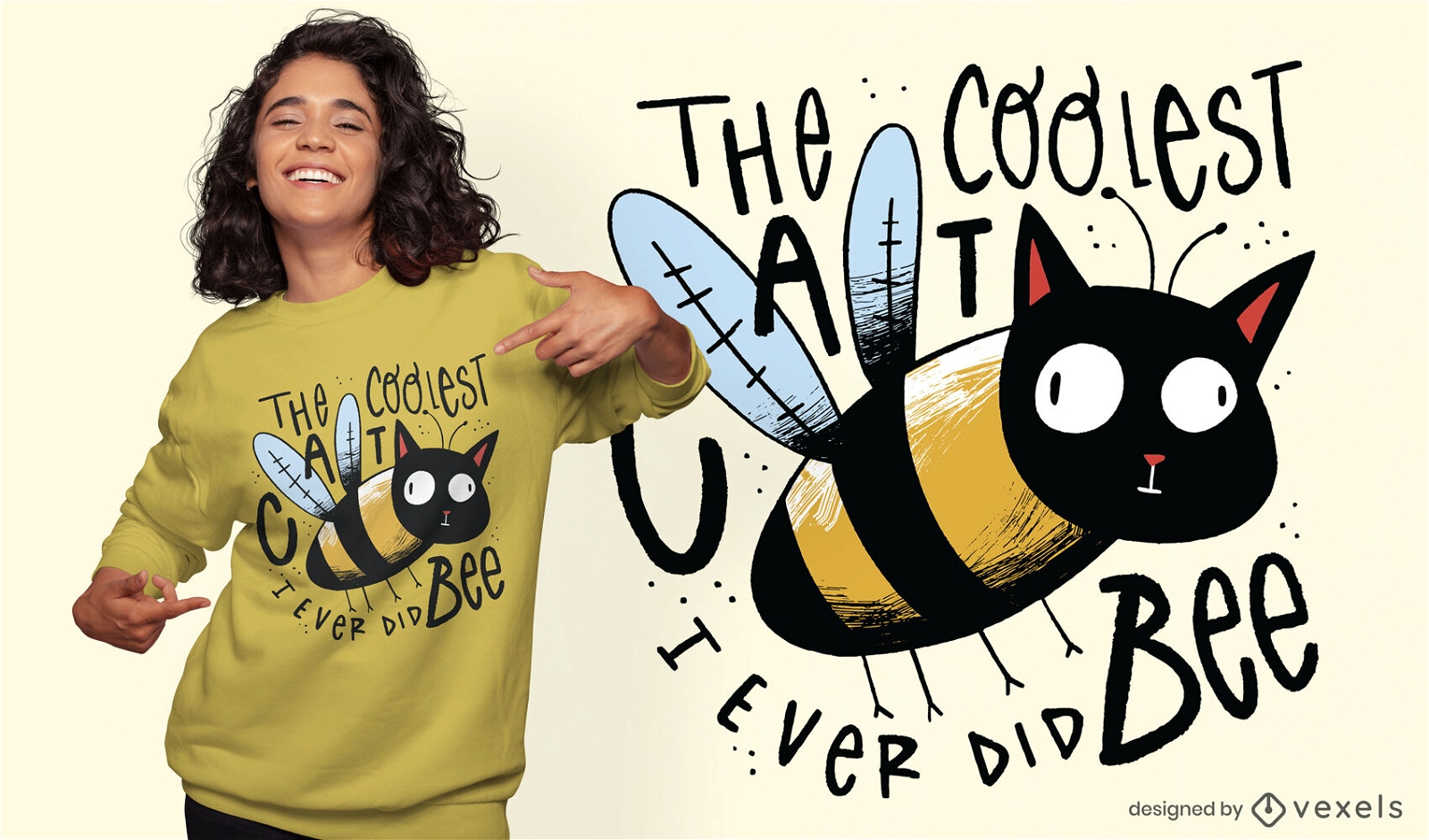 Design de t-shirt de desenho animado de gato e abelha