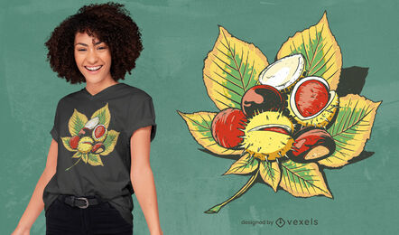 Diseño de camiseta de castañas en hoja naturaleza