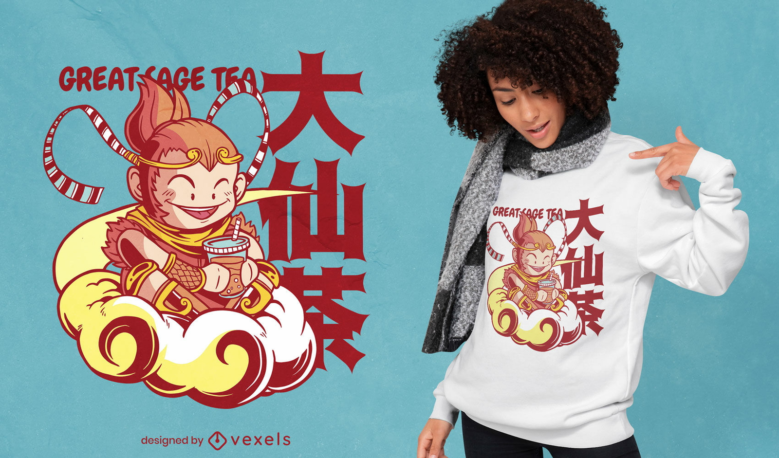 Macaco em uma nuvem bebendo chá com design de camiseta