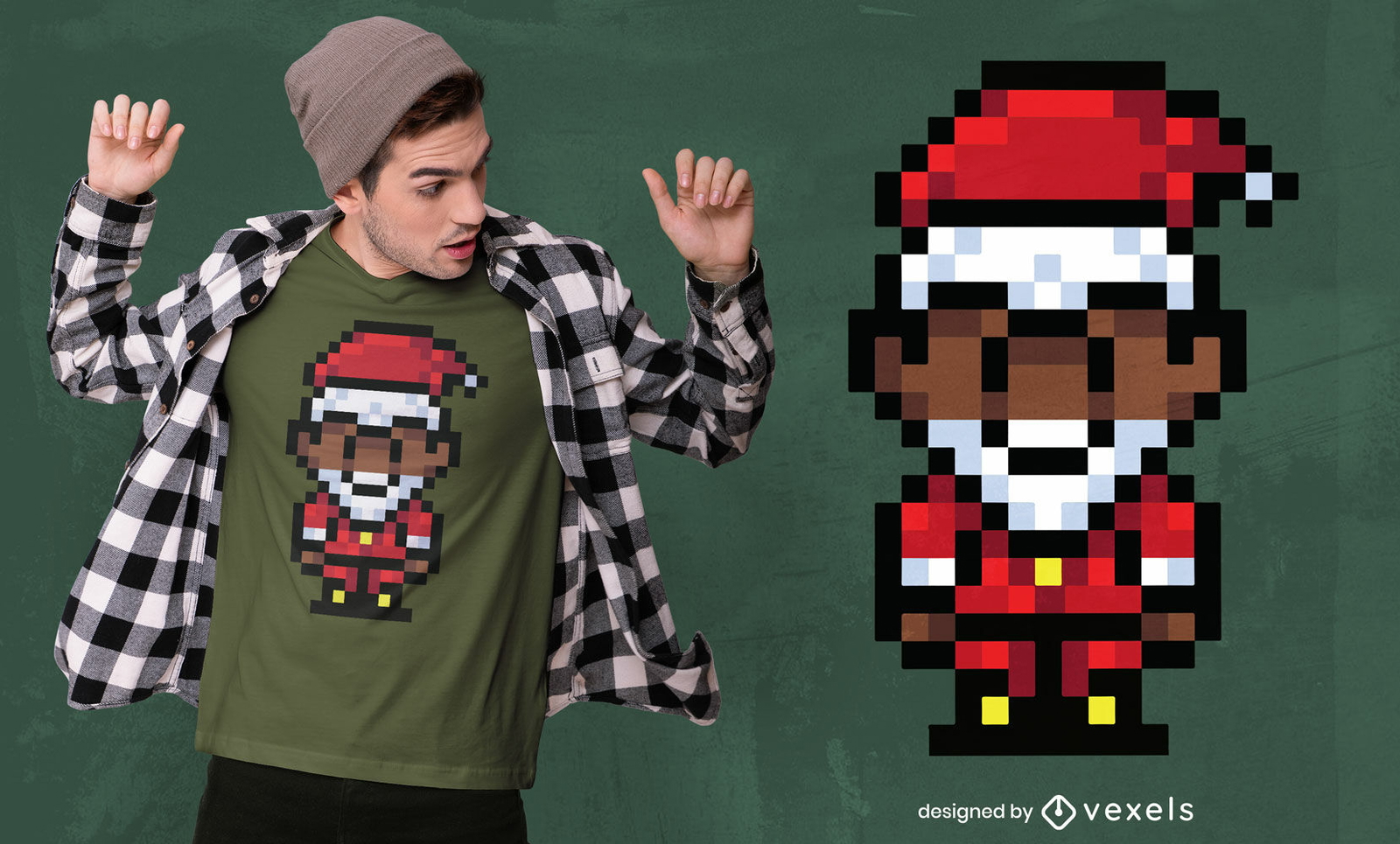 Diseño de camiseta negra de santa claus pixel art