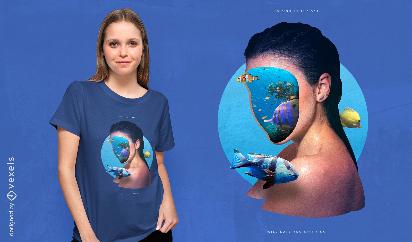 Frau mit Collagen-T-Shirt mit Ozeangesicht psd