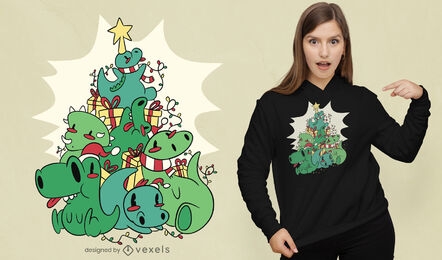 Design de t-shirt de desenhos animados da árvore de Natal de dinossauros