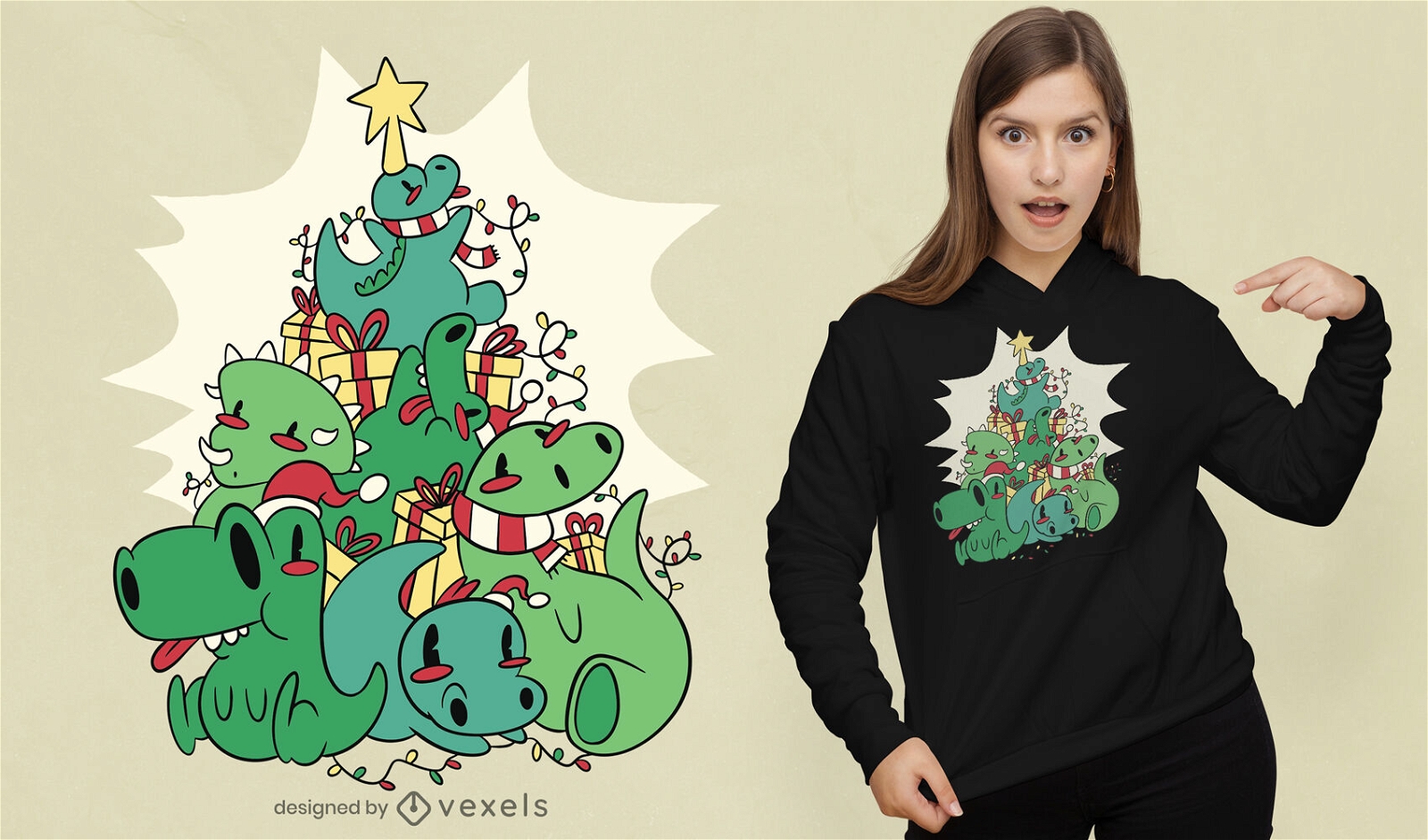 Diseño de camiseta de dibujos animados de árbol de Navidad de dinosaurio