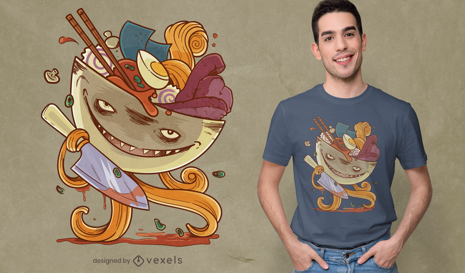 Design de camiseta monstro de comida japonesa Ramen