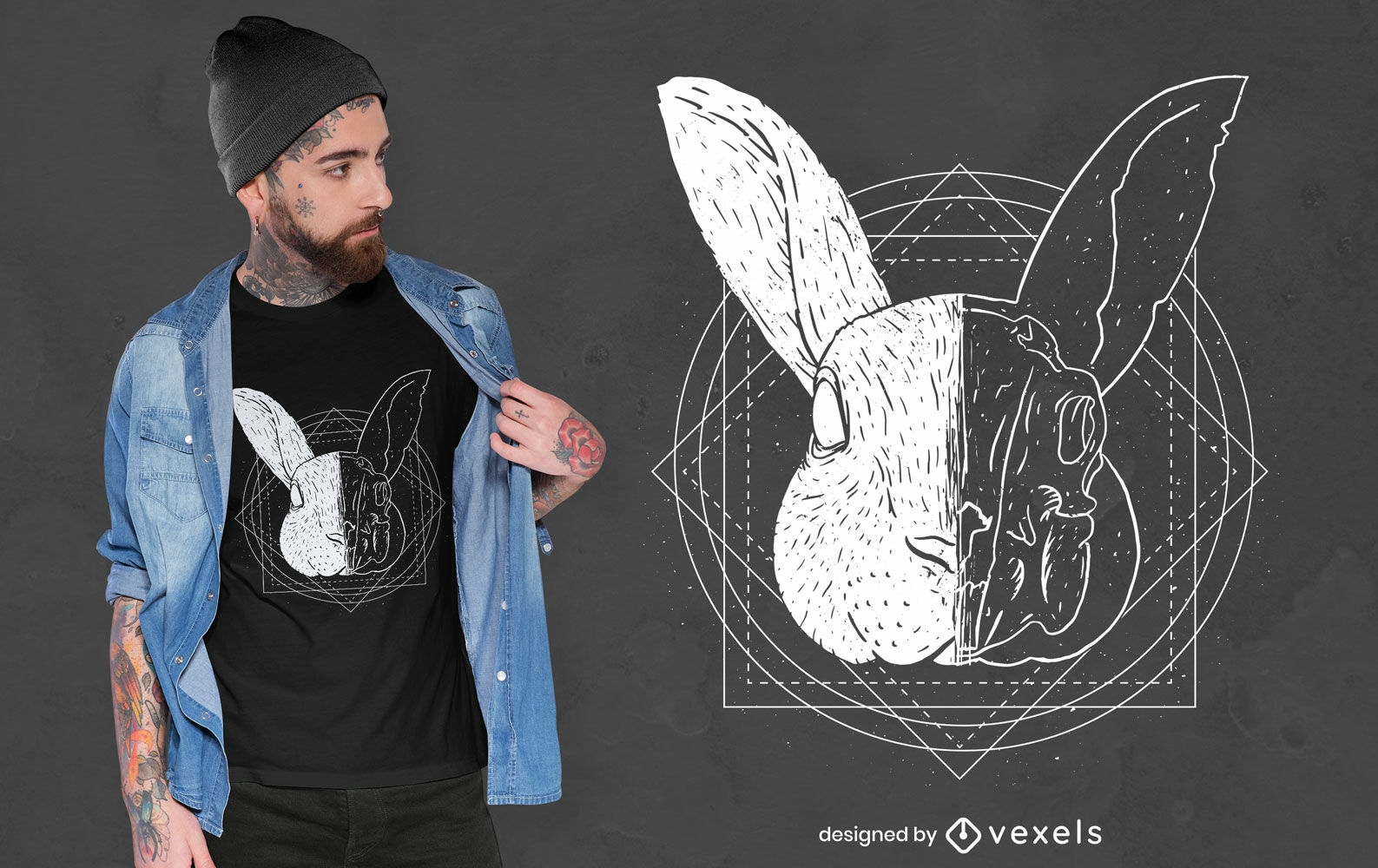 Design de t-shirt com cabe?a dividida com coelho e animal