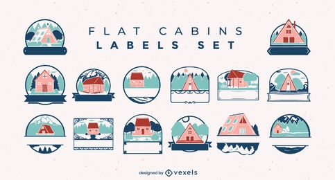 Camping cabin houses flat label set