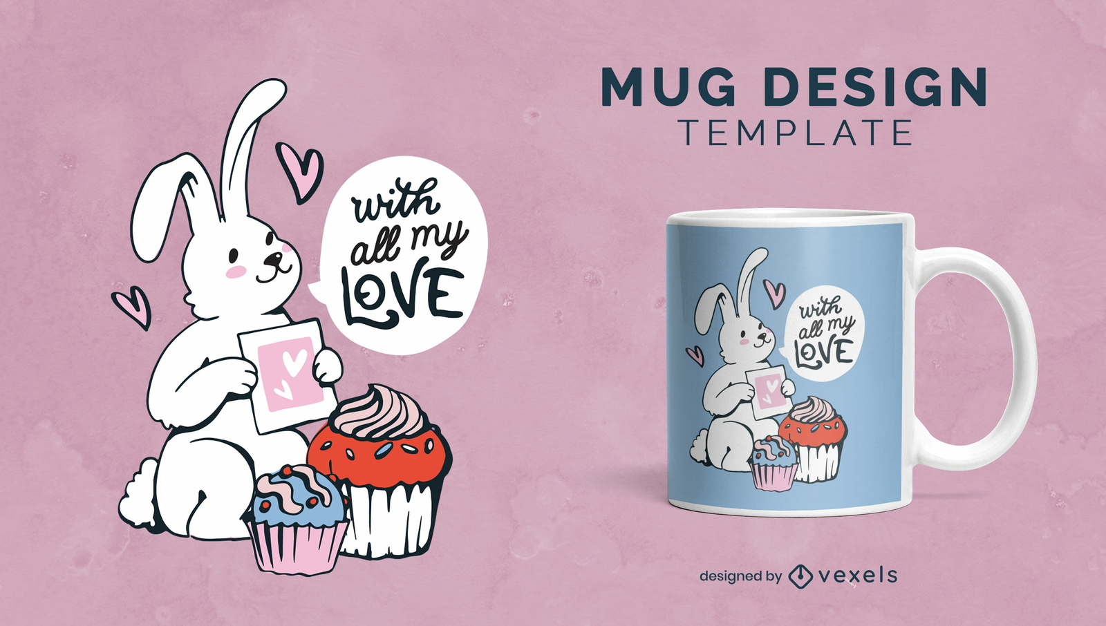 Diseño de taza animal conejo con cupcakes