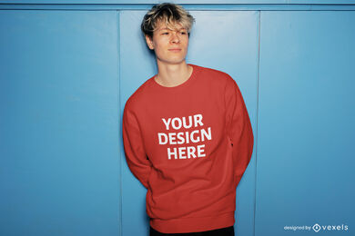 Blonde guy blue background sweatshirt mockup