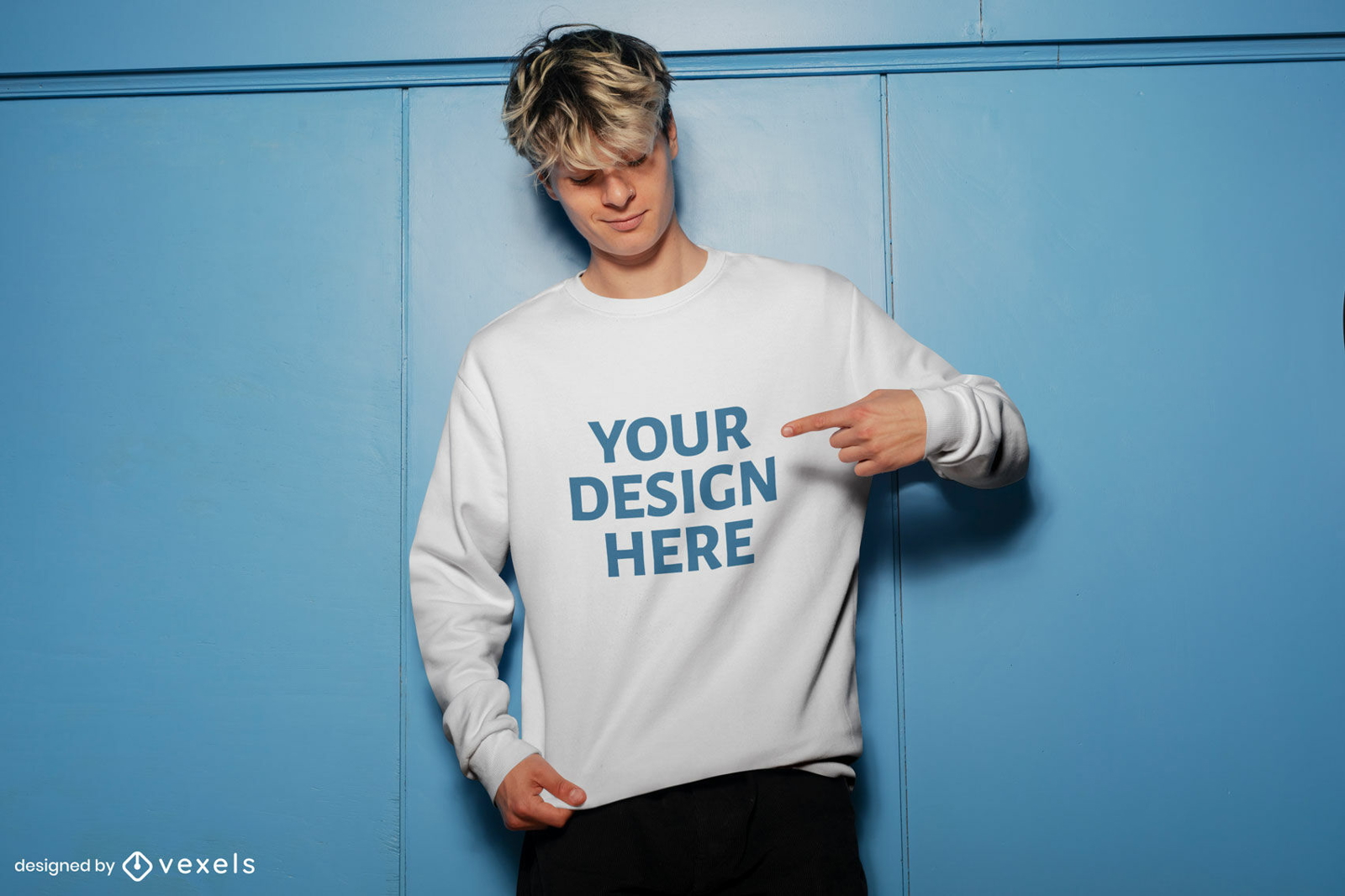 Blonde man in blue background sweatshirt mockup