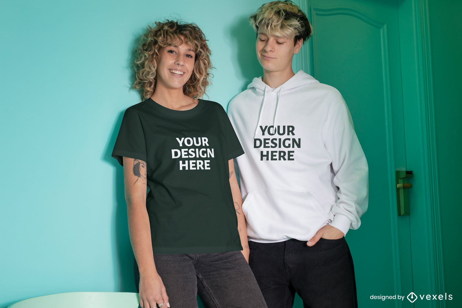 Couple with hoodie and t-shirt mockup
