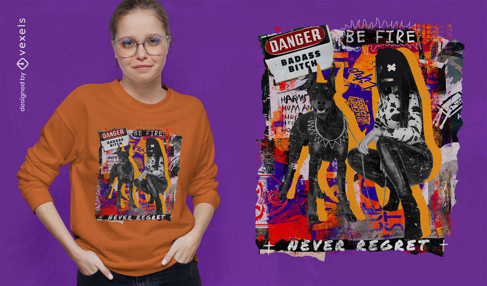 Frau und Hund Punk Collage T-Shirt PSD
