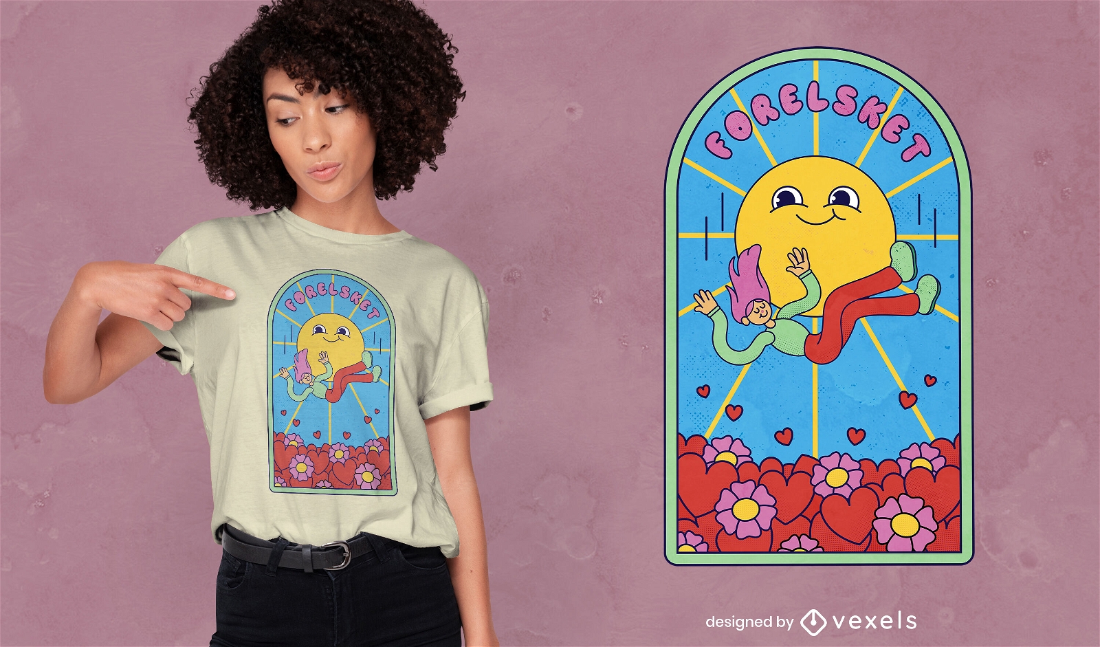 Sonne und glückliches Mädchenkarikatur-T-Shirt-Design