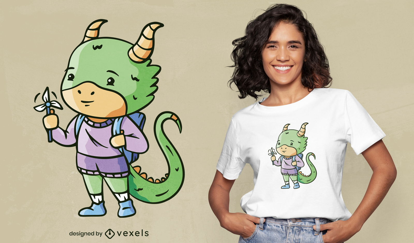 Kinderdrache mit Windmühlen-T-Shirt-Design