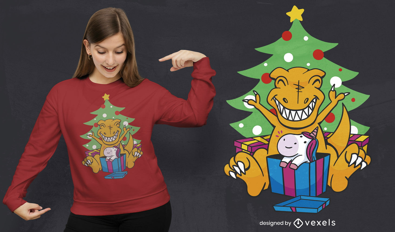 Design de camisetas de Natal de dinossauros e unicórnios