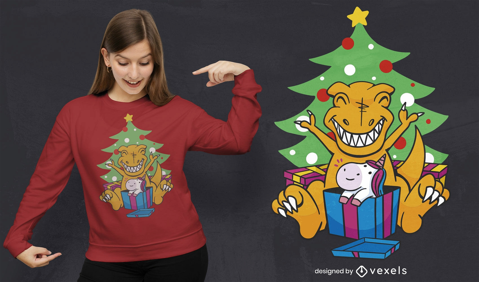 Dise?o de camiseta navide?a de dinosaurio y unicornio.