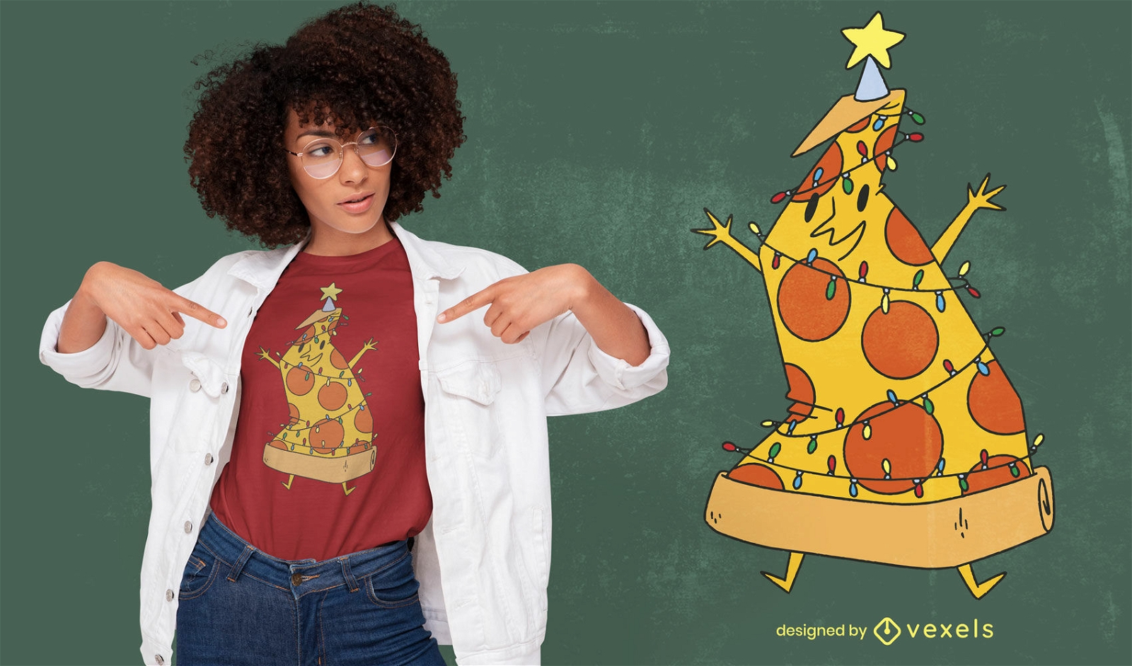 Dise?o de camiseta de ?rbol de Navidad de comida de pizza.