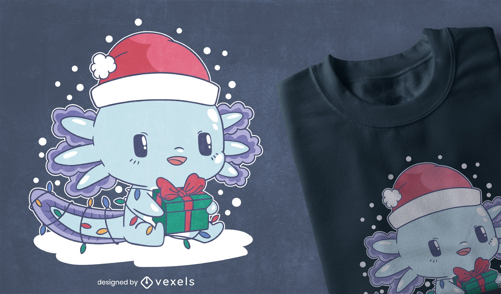 Diseño de camiseta animal axolotl navideño.