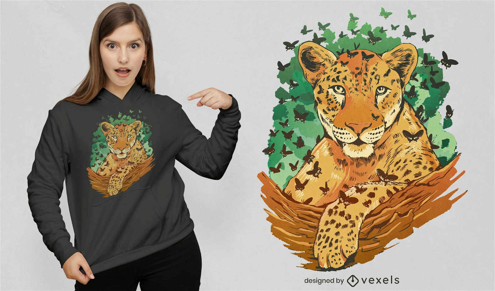 Diseño de camiseta de leopardo y mariposas.