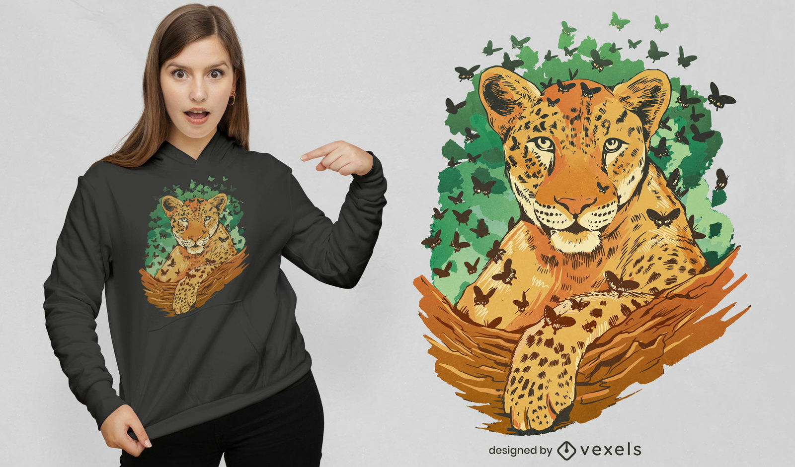 Diseño de camiseta de leopardo y mariposas.