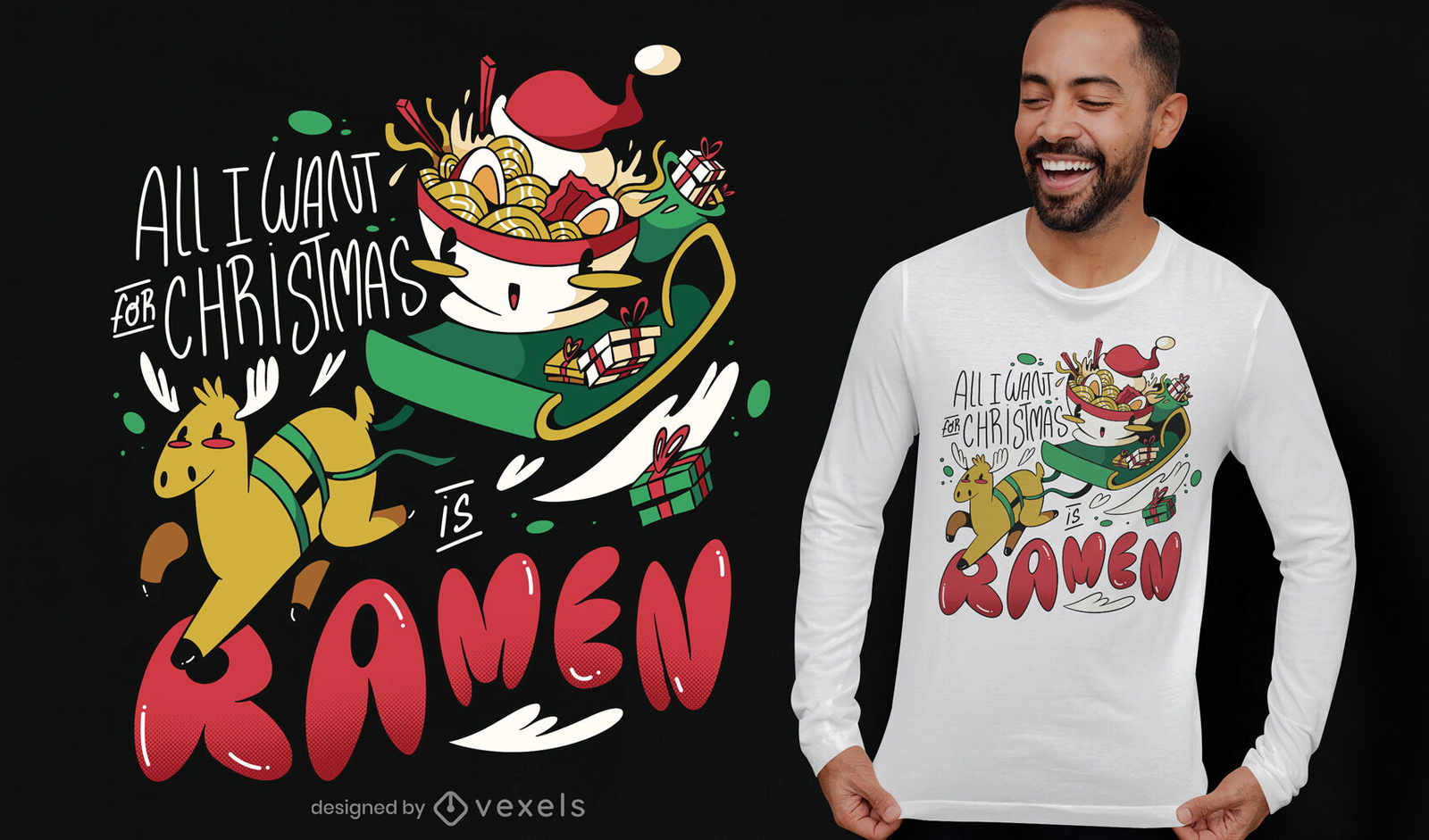 Divertido diseño de camiseta de ramen navideño.