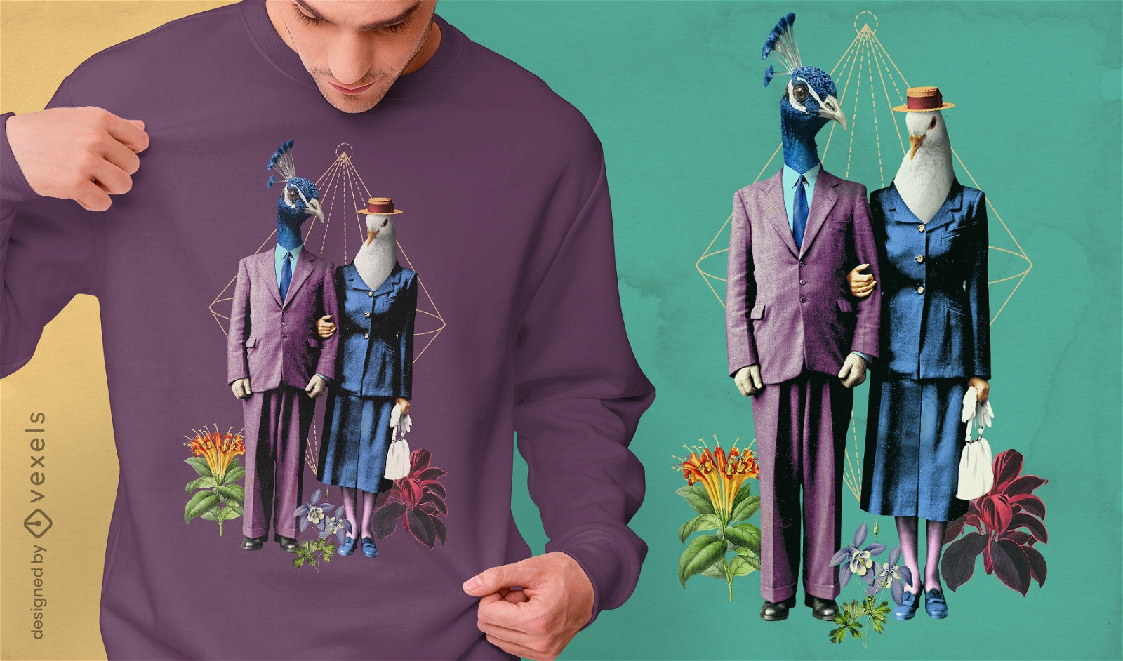 Animales de fantasía pájaros en trajes camiseta psd