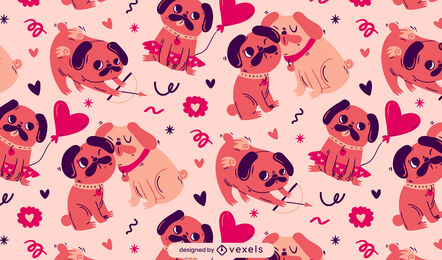 Diseño de patrón de perros pug de día de san valentín