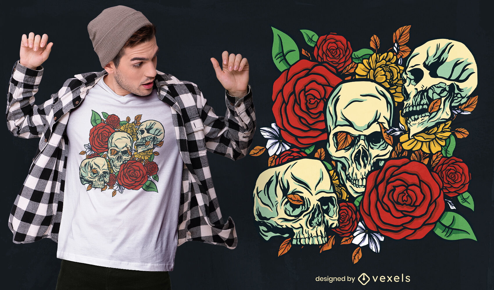 Diseño de camiseta de calaveras y rosas frescas