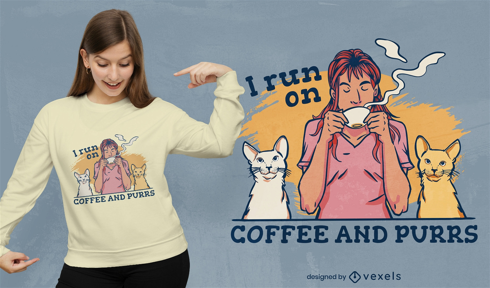 Cool café y ronroneos gatos cita diseño de camiseta