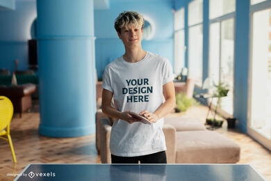Blonde man with ping pong table t-shirt mockup