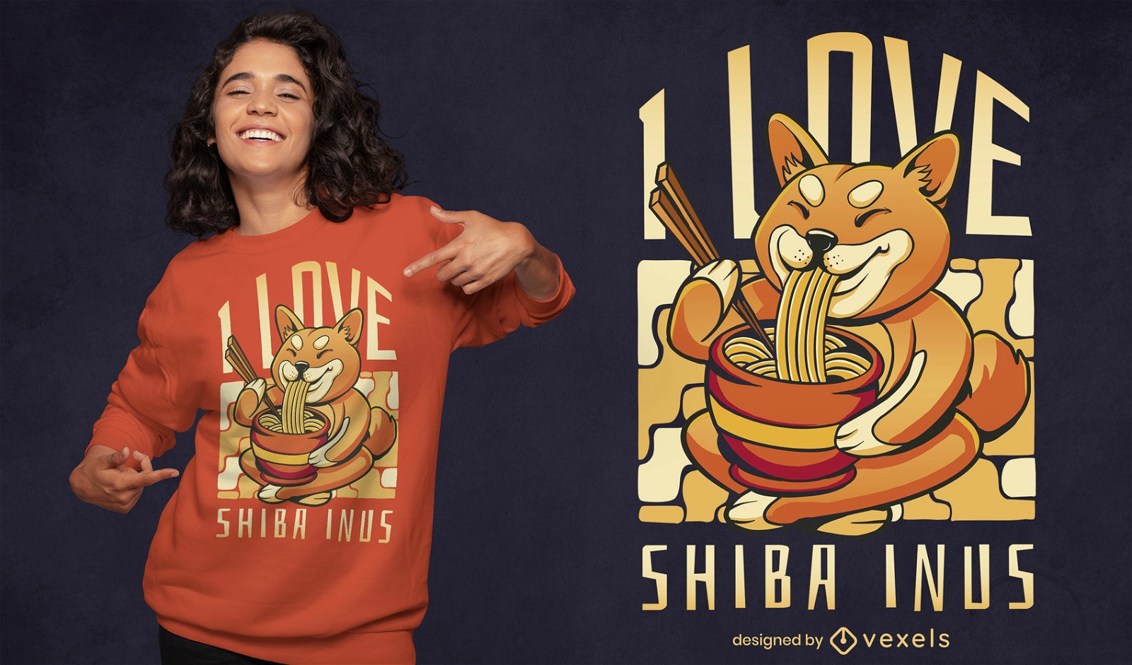 Design de camiseta Shiva inu comendo ramen