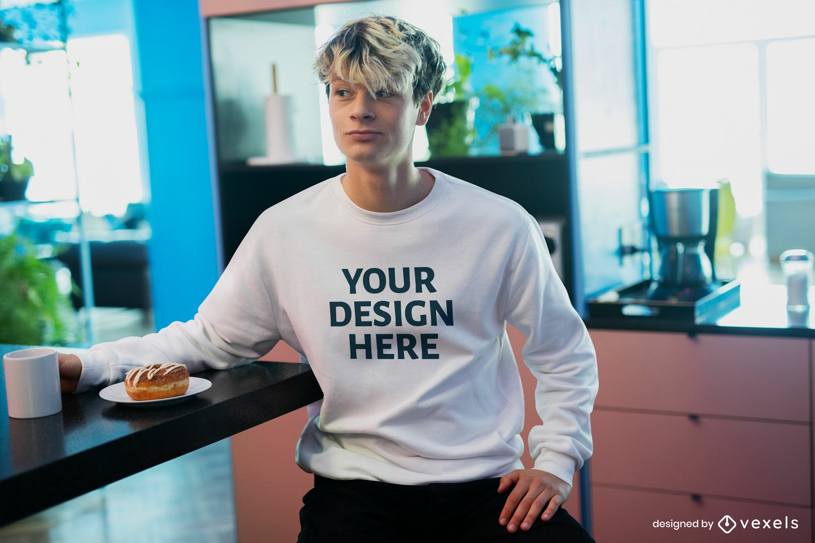 Blonde man in kitchen sweatshirt mockup